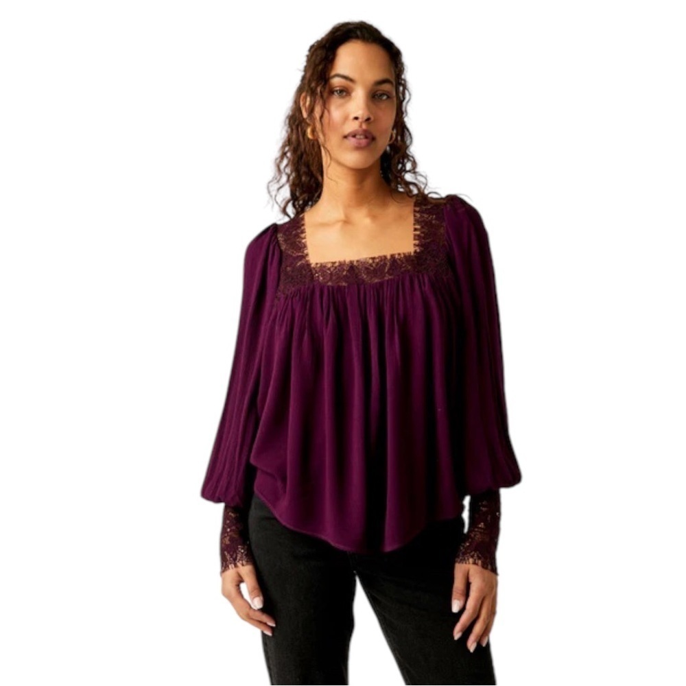 Free People Flutter By Peasant Lace Trim Square Neckline Blouse in Plum - Picture 13 of 13